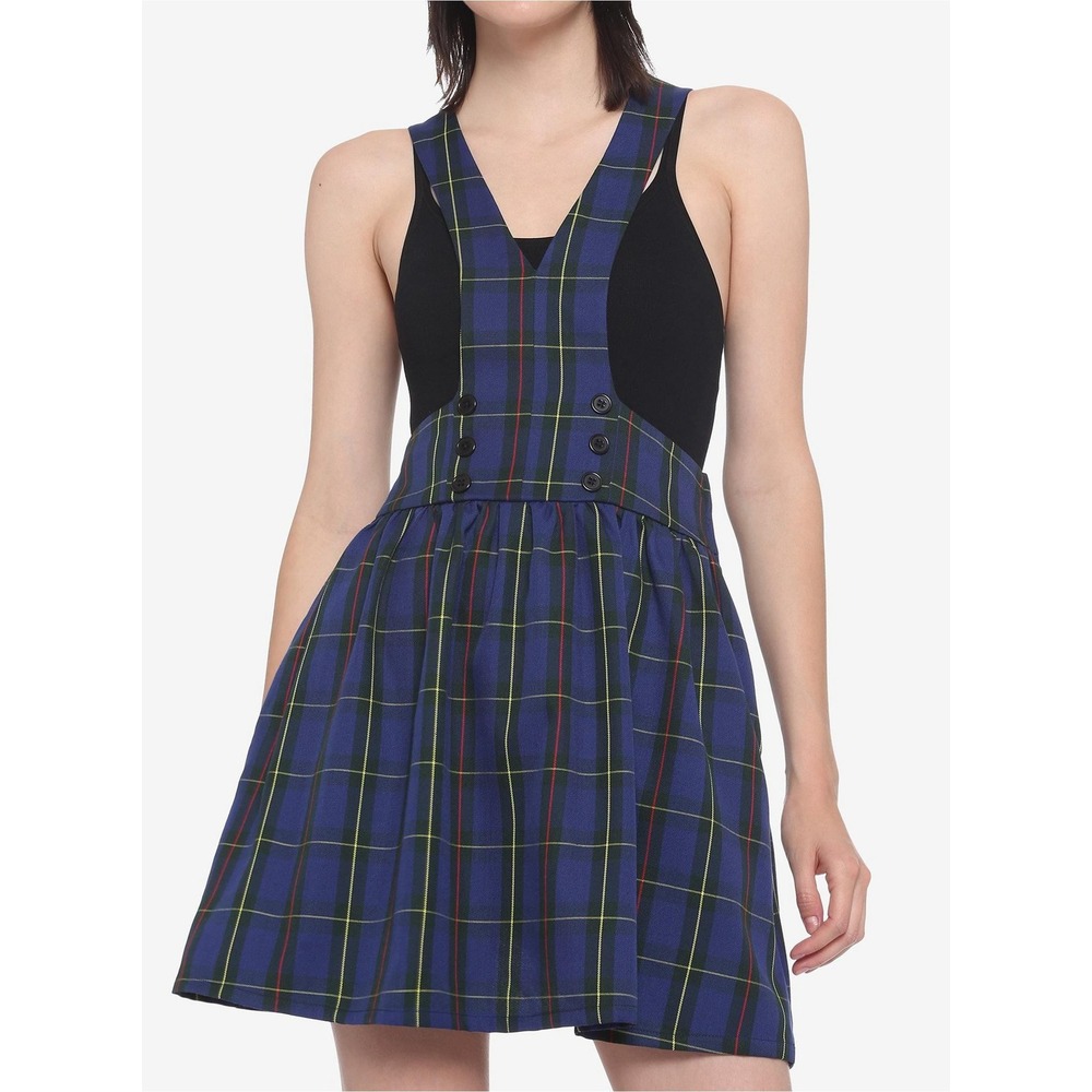 Preppy Hot Topic Blue Plaid Bib Suspender Skirt Pinafore with Pockets Size 4 NEW